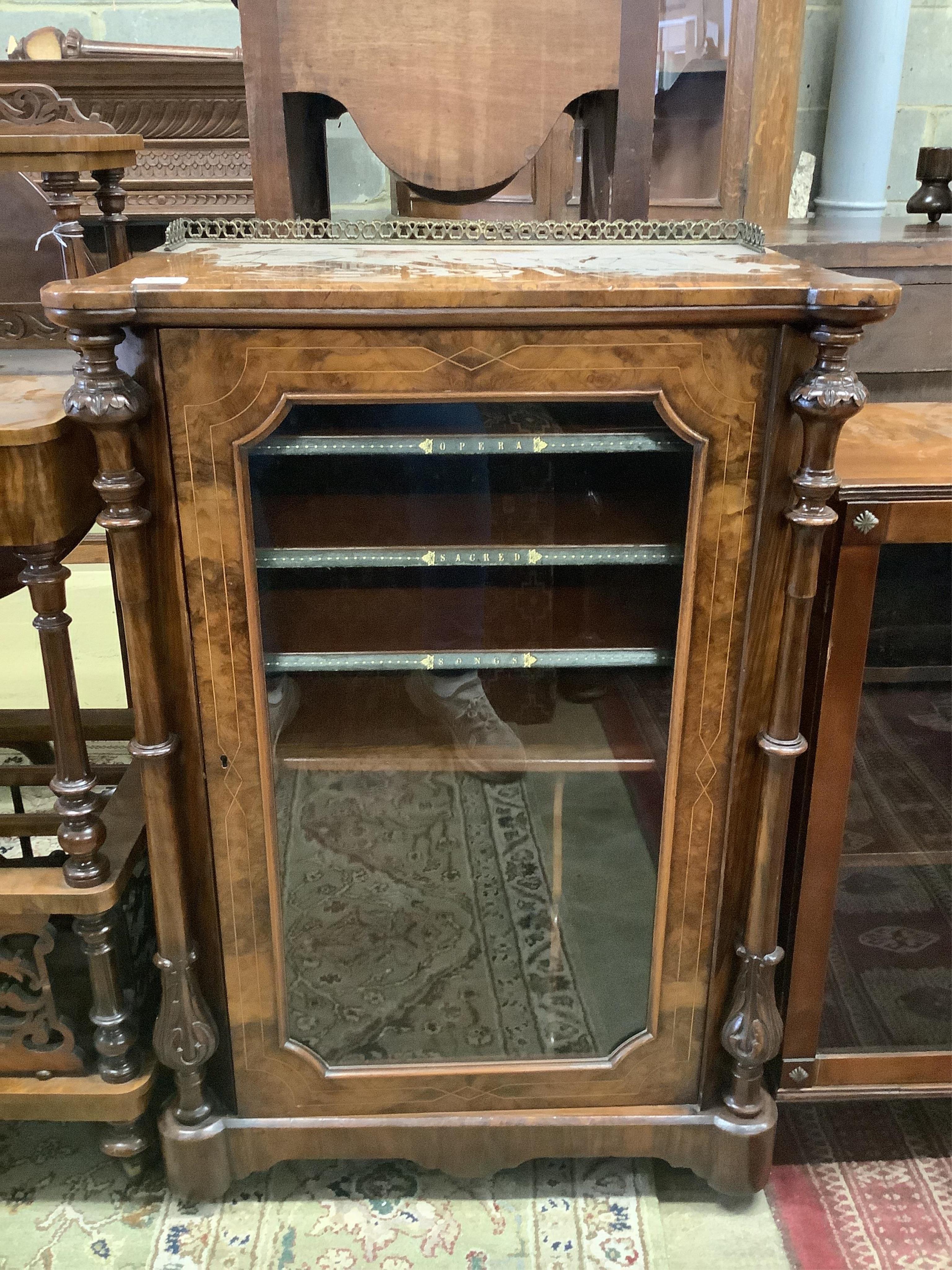 A Victorian inlaid burr walnut music cabinet, width 66cm, depth 39cm, height 96cm. Condition - fair